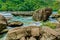 Gorgeous natural landscape view of Niagara Falls river with big rock and stones