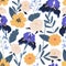 Gorgeous seamless floral pattern with irises and chrysanthemum. Endless design with elegant flowers for printing and