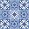 Gorgeous seamless patchwork pattern from dark blue and white Moroccan, Portuguese tiles, Azulejo, ornaments.