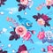 Gorgeous seamless pattern with half-colored wild roses and pretty little bird against blue clear sky on background. Spring bloom.