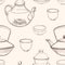 Gorgeous seamless pattern with traditional Asian tea ceremony tools hand drawn in monochrome colors with contour lines -