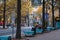 A gorgeous shot of an autumn landscape in the city with rows of blue benches surrounded by gorgeous autumn colored trees