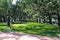 A gorgeous shot of Emmet Park on East Bay Street in Savannah, Georgia surrounded by lush green weeping willow trees and grass