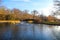 A gorgeous shot of a lake with a water fountain in the park near an arched cobble stone bridge