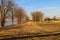 A gorgeous shot of a long stretch of yellow winter colored grass and rows of bare trees in the park along the Mississippi river