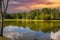 A gorgeous shot of still silky green lake water surrounded by lush green trees with powerful clouds in the sky and birds in flight