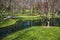 A gorgeous spring landscape in the garden with ponds surrounded by footpaths and lush green trees and grass, red trees