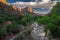 Gorgeous spring view of `the Watchman` rock formation and river of Zion National Park in Utah