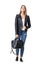 Gorgeous stylish casual woman wearing jeans and leather jacket holding black handbag.