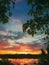 Gorgeous summer sunset as seen from the garden among the green trees. Sundown view over the city horizon reflected on the calm