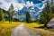 Gorgeous summer view of mountain range from the Oeschinen Lake. Incredible morning scene of Swiss Alps, Kandersteg village locatio