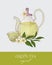 Gorgeous teapot, transparent glass cup, green tea leaves, flowers and fresh lemon fruit on gray background. Tasty citrus