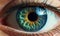 Gorgeous turquoise iris of an epic eye, beautiful woman eye, closeup shot. Generative AI
