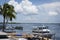 A gorgeous view of the Gulf Bay with boats and white puffy clouds in Ft.Myers Beach, Florida.