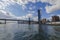 Gorgeous view of Hudson river, Manhattan skyscrapers and Brooklyn bridge. USA. New York. .