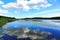 Gorgeous view of natural landscape on a summer day. Lake and blue sky converging on the horizon. Sky reflecting on water surface.