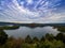 Gorgeous view of Raystown Lake from Hawnâ€™s Overlook near Altoona, Pennsylvania in the fall right before sunset with a view of