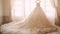 Gorgeous white bridal gown, elegantly hung for a romantic wedding, AI Generated