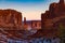 Gorgeous winter sunrise view of `Park Avenue` in Arches National Park with snow in Moab Utah