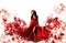 gorgeous woman in a fantasy red dress like a smoke. Studio picture, white background