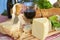 Gorgonzola, parmigiano, pecorino cheese, with wine and bread