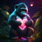 Gorilla Baby hugging heart Gorilla with heart in neon light. 3D illustration. generative AI animal ai