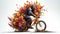 a gorilla on a bicycle in the street with the full flowers