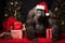 A gorilla in a Christmas setup. Studio portrait, winter festive season template