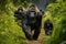 Gorilla family in green forest. Generative AI