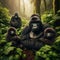 Gorilla family sit during respite, as they travel the mountain forests