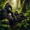 Gorilla family sit during respite, as they travel the mountain forests