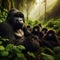 Gorilla family sit during respite, as they travel the mountain forests