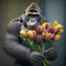 Gorilla holding a bouquet of tulips