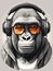 Gorilla listening to music in headphones.  illustration of gorilla