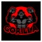 Gorilla logo black and red color. Ferocious angry gorilla mascot logo cartoon character. The gorilla is standing with holding two