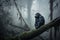 gorilla in the misty forest, sitting on a tree branch