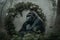 gorilla peacefully meditating in wreath of mist