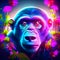 Gorilla portrait with colorful flowers. Vector illustration in neon style. AI Generated
