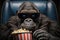 The gorilla sits in 3D glasses in the cinema hall, eats popcorn.Photorealistic image created by artificial intelligence