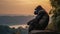 Gorilla sitting on a high cliff near sunset. Generative Ai