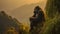 Gorilla sitting on a high cliff near sunset. Generative Ai