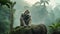 Gorilla sitting on a rock in a jungle with mist rising in the background. Generative AI