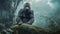 Gorilla sitting on a rock in a jungle with mist rising in the background. Generative AI