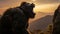 A gorilla stood shouting and showing off its strength on a high cliff at sunset. Generative Ai