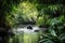 gorilla swimming in tranquil stream, surrounded by lush greenery