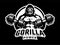 Gorilla with two dumbbells. Bodybuilding and fitness logo a dark background. Vector illustration.