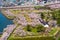 Goryokaku park in springtime cherry blossom season ( April, May ), aerial view star shaped fort in sunny day