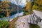 Gosauseen or Vorderer Gosausee lake, Upper Austria. Autumn Alps mountain lake. Dachstein summit and glacier in far