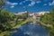 Gospic town panorama with river Novcica reflection