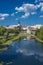 Gospic town panorama with river Novcica reflection